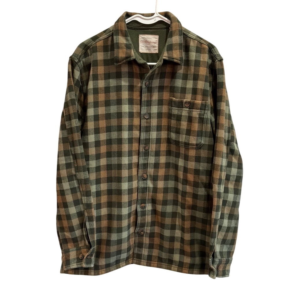 Weatherproof Vintage Mens Fleece Flannel Shirt Plaid Olive Green Brown Medium
